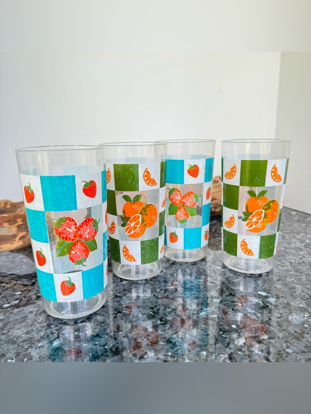 Vintage Strawberry & Oranges Plastic Cups Lot Of 4, Checkered Blue & Green, 6”